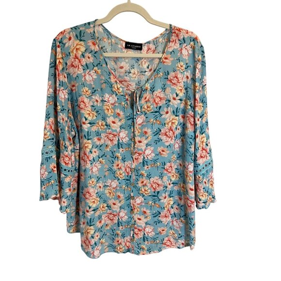Floral Boho Blouse With 3/4 Sleeves & Button Front By I.N. Studio - Size L - Picture 1 of 9